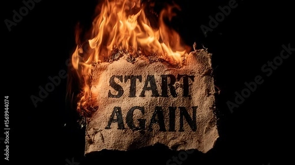 Fototapeta Sheet with the words start again engulfed in flames against a black background image