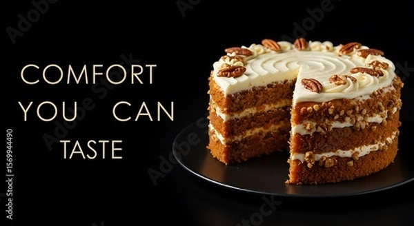 Fototapeta Moist layered cake with cream icing and pecans on black background  