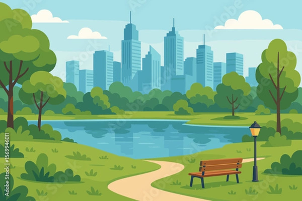Fototapeta City park with a lake and bench overlooking the downtown skyline. Urban oasis landscape with green nature. Summer cityscape background. Modern flat vector cartoon illustration.