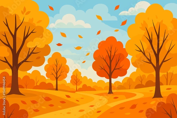 Fototapeta Beautiful autumn park landscape with colorful falling leaves, golden trees, warm fall colors, blue sky with clouds, modern flat vector cartoon illustration of seasonal nature scene