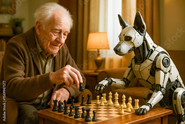 Obraz Elderly Man Playing Chess with Robot Dog