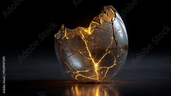 Fototapeta Close up shot of a broken eggshell with golden cracks on a dark reflective surface