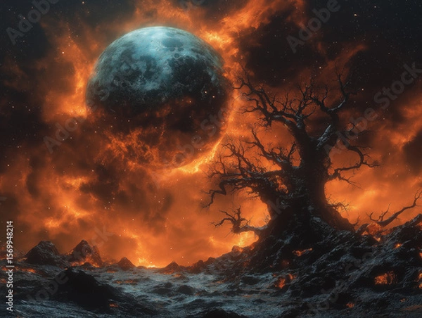 Fototapeta Dark Sci-Fi World with Orange Nebula  Dead Planet and Burning Tree