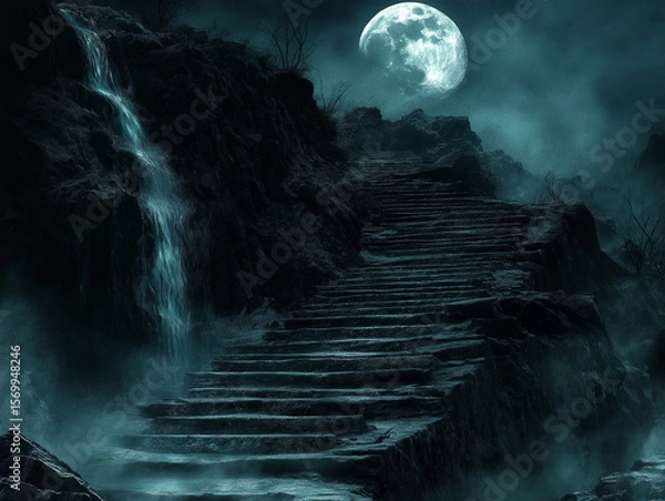Fototapeta Dark Fantasy Staircase to the Moon with Waterfalls and Swirling Mist