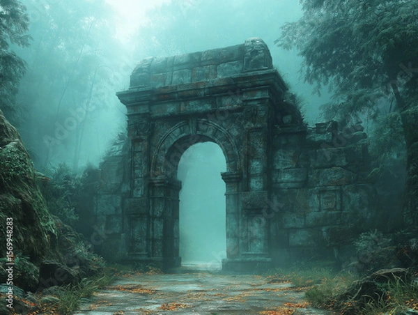 Fototapeta Mysterious Ancient Stone Archway in Misty Enchanted Forest