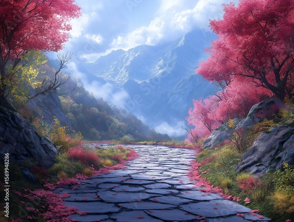 Fototapeta Winding Cobblestone Path Through Cherry Blossoms and Mountain Landscape