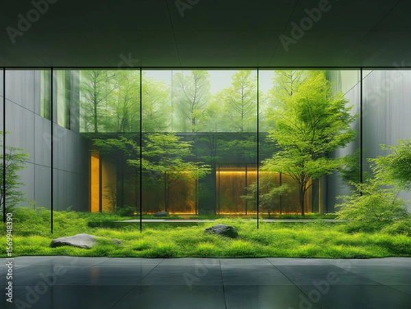 Fototapeta Minimalist Indoor Green Space with Trees Grass and Stone Accents