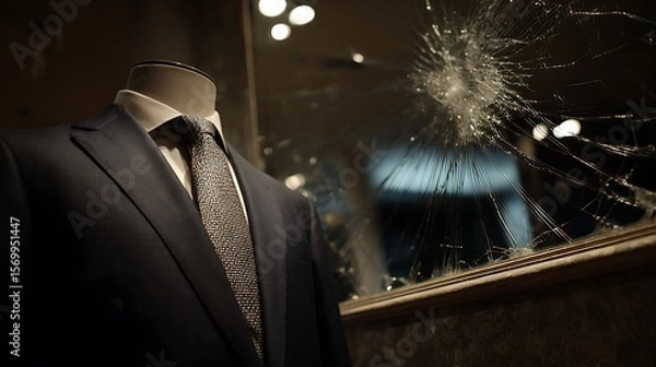 Fototapeta A mannequin wearing a suit next to a broken window in a dark and moody retail setting