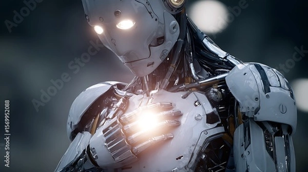 Fototapeta Close up shot of a futuristic humanoid robot with glowing eyes and chest plate light