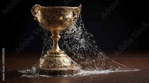 Fototapeta A golden trophy on a wooden surface covered in a shattered glass like web with dark background
