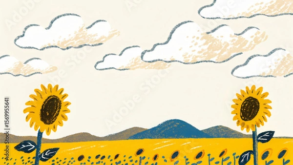Obraz Vibrant Sunflower Field Under a Cloudy Sky with Distant Mountains in a Stylized Artistic Illustration