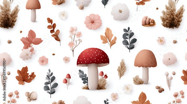 Fototapeta Cute seamless pattern with watercolor hand drawn abstract forest mushrooms flowers and snails. Kids wallpapers. Nice mushroom pattern. 32823483 1