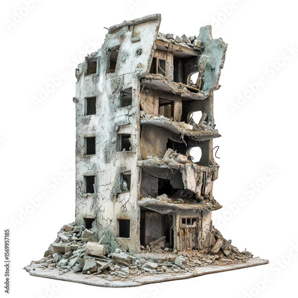 Fototapeta Detailed miniature model of a multi story building severely damaged by conflict isolated on transparent background