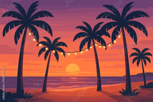 Fototapeta Beach party at sunset vector background. Tropical paradise landscape with ocean, palm tree silhouettes and festive string lights. Modern flat cartoon for summer vacation travel.