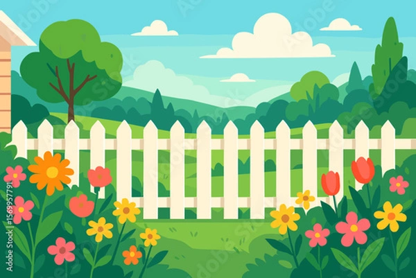 Fototapeta Backyard garden with white picket fence and colorful blooming flowers. Summer house landscape with green grass, trees, and blue sky. Vector illustration for idyllic nature scene.