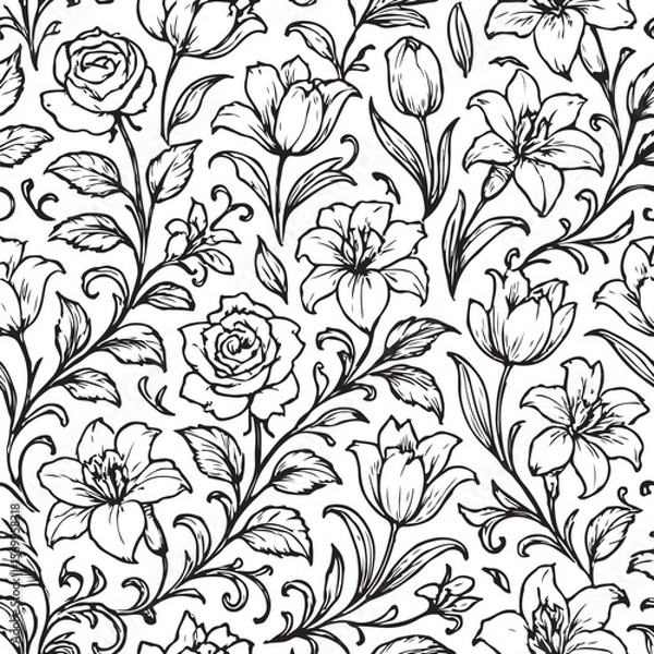 Obraz Elegant black and white floral pattern featuring blooming roses lilies and tulips with swirling vines and leaves on a clean white background
