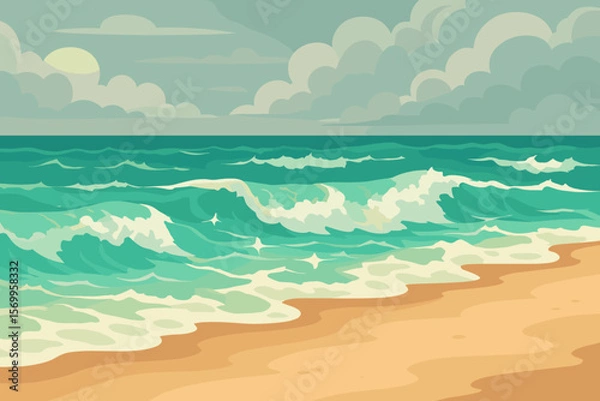 Fototapeta Tropical sandy beach with rough sea waves. Seascape background with a cloudy sky. Modern flat vector cartoon illustration for summer travel, vacation, and nature concepts.