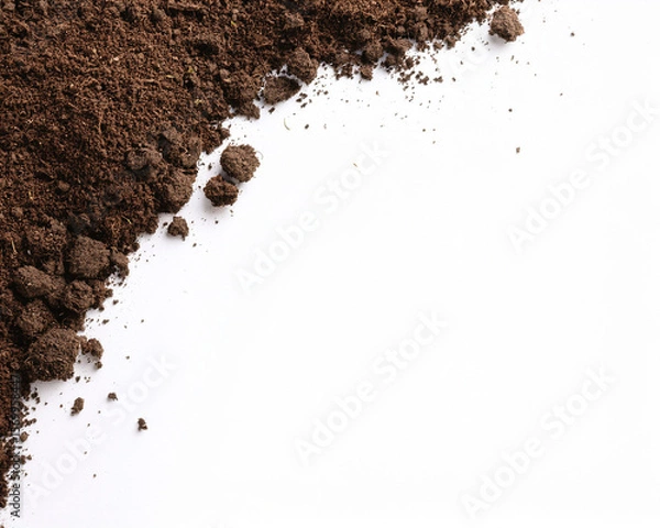 Fototapeta Roasted brown coffee beans on a white background with isolated instant coffee powder forming a heap