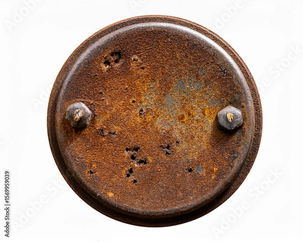 Fototapeta A close-up of an old rusty metal bolt with a grunge texture, isolated against a vintage brown wall