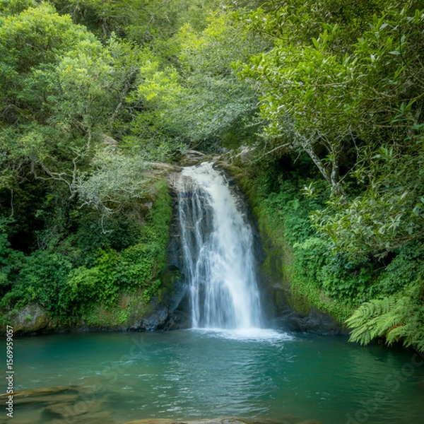 Fototapeta A serene landscape photograph of a cascading waterfall in a lush green forest setting.