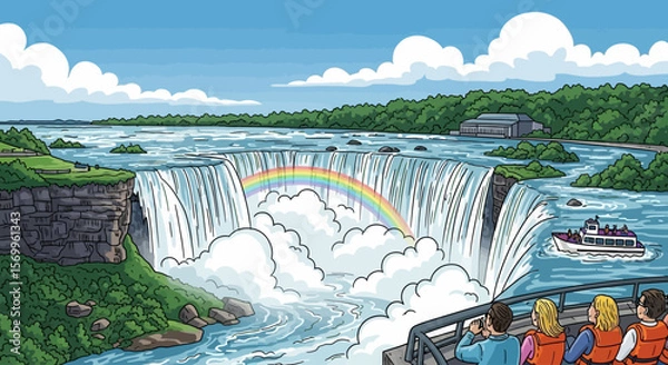 Obraz Tourists marvel at Niagara Falls' majestic cascade and vibrant rainbow, a breathtaking natural spectacle.