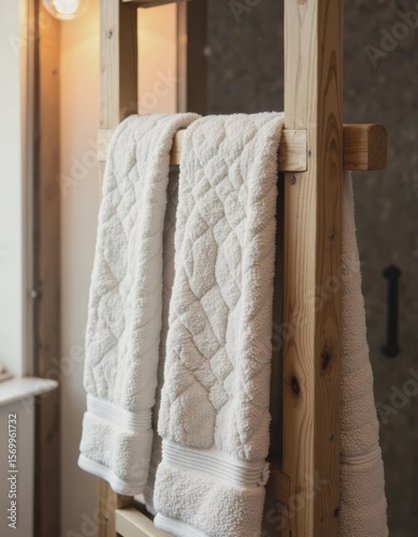 Fototapeta Soft bathroom towels neatly hanging on a wooden rack