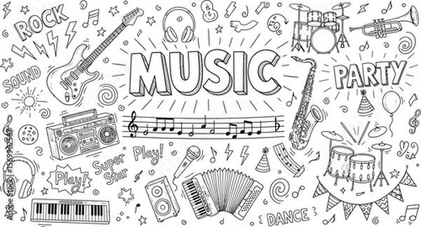 Obraz Music doodle art with musical instruments and party elements vector design