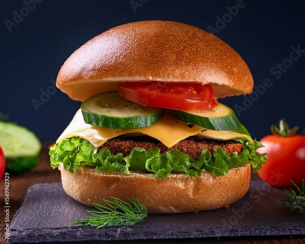 Fototapeta Isolated cheeseburger with fresh vegetables on a black background