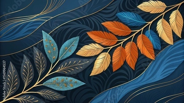 Obraz Ornate botanical branches with blue orange gold leaves image