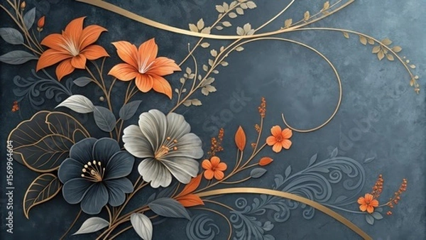 Obraz Orange grey and dark blue floral pattern with gold accents texture abstract