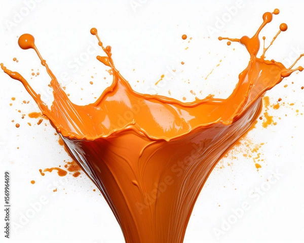 Fototapeta Orange juice splashes into a glass with ice, fresh liquid drops isolated on white