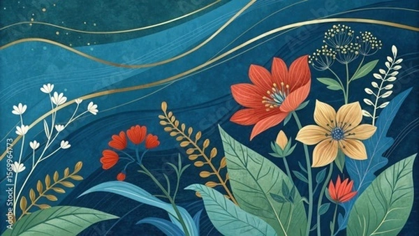 Obraz Stylized floral illustration with golden accents and deep blue background image