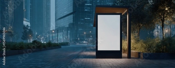 Fototapeta The empty bus shelter standing alone in a modern urban landscape at night.