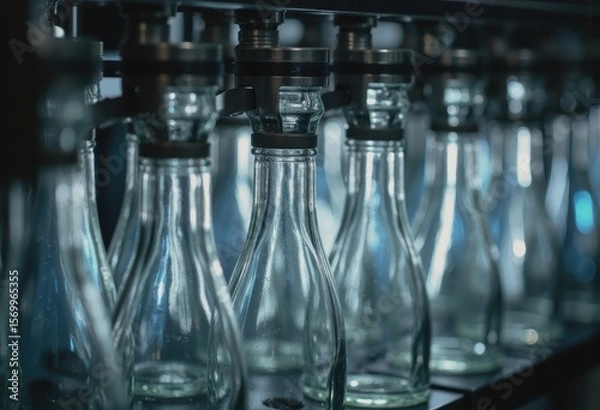 Obraz Close-up of glass bottles on a production line packaging equipment