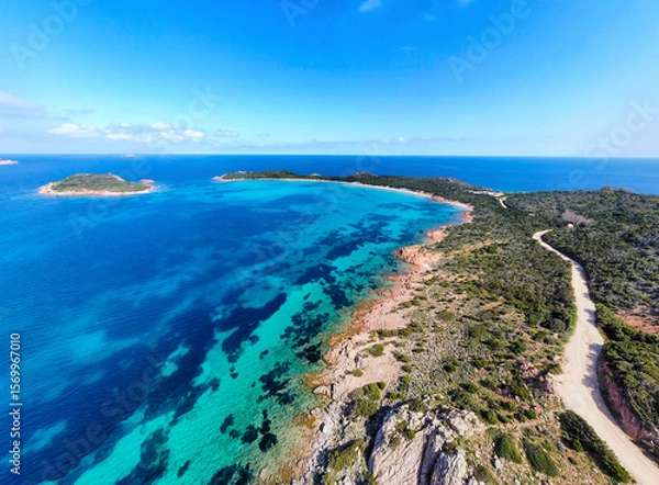 Fototapeta Aerial view of Capo Coda Cavallo shoreline in springtime