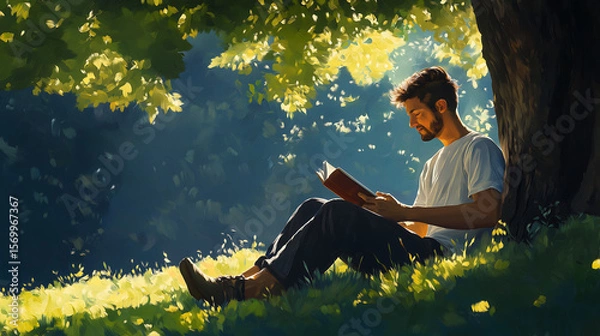 Fototapeta man sitting under tree reading a book background