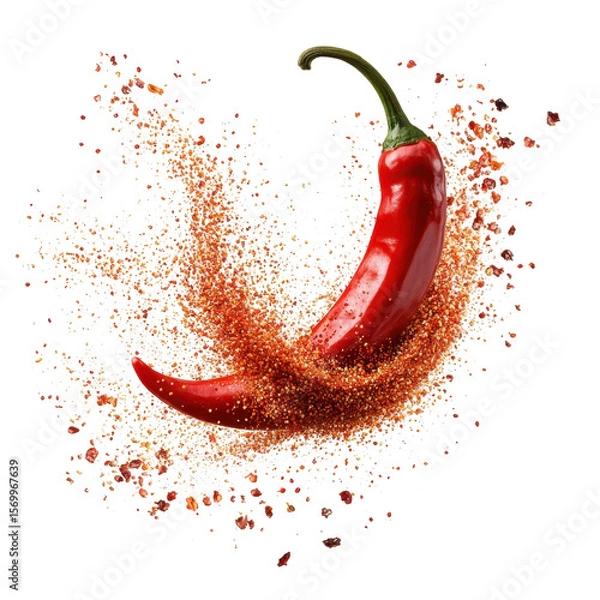 Obraz Hot Spicy Chili Pepper Powder curly splash in middle of air, Hot chili pepper powder creates a curly splash in mid-air, isolated on transparent background