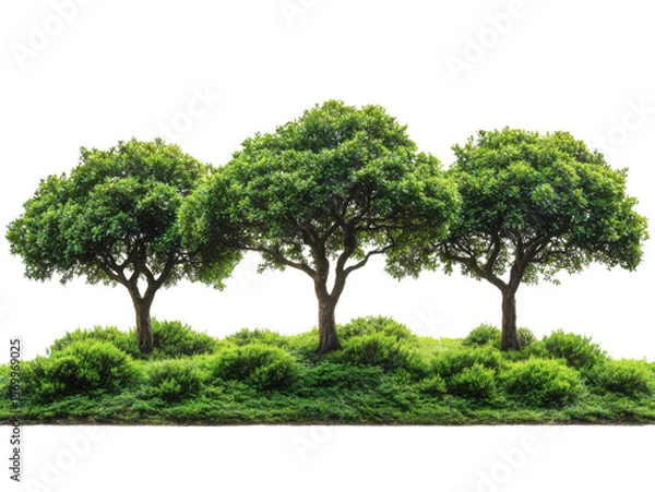 Fototapeta Three trees are standing in a field of green grass