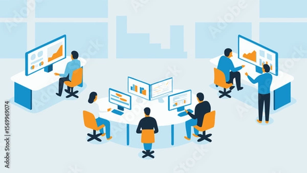 Fototapeta Isometric office scene with people working at desks and around a table with monitors showing data