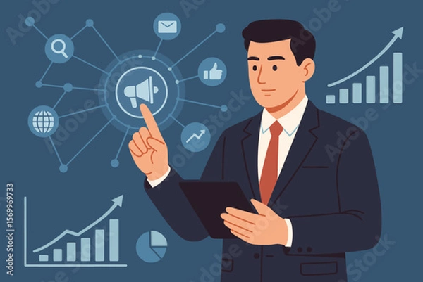 Fototapeta Businessman using tablet for digital marketing strategy. Analyzing sales data, investment, and financial growth graphs. Global network connection and advertising concept.