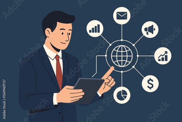 Fototapeta Businessman with tablet analyzes business sales data. Digital marketing, global network connection, financial investment and strategy concept with growth graph and chart icons.