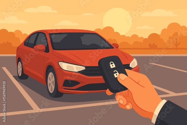 Fototapeta Hand with remote control unlocking car in parking lot. Man using smart key fob for keyless entry at sunset. Vehicle rental, car sharing, auto alarm security system concept.