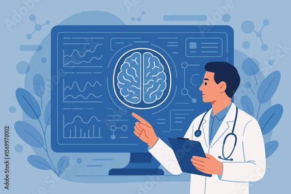 Fototapeta Neurologist Analyzing Brain Scan Data on Computer Interface. Medical Technology, Neuroscience Research, Diagnostic Innovation, Healthcare Science, Flat Vector Illustration