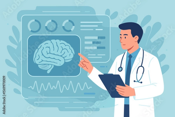 Fototapeta Neurologist analyzing brain scan results on digital interface. Medical technology innovation. Neuroscience research. Doctor with stethoscope. Healthcare data visualization concept.