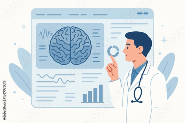 Fototapeta Doctor analyzing brain scan results on digital interface. Neuroscience, medical technology innovation, healthcare data, neurology diagnosis, modern hospital research concept vector