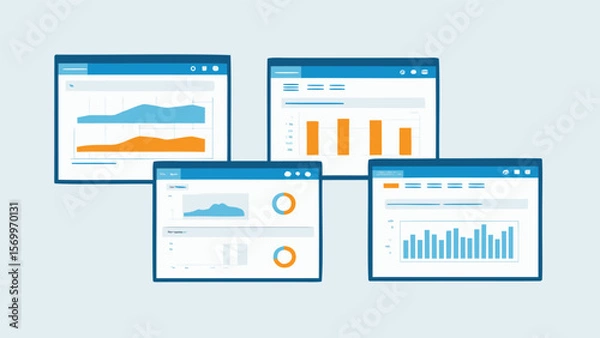 Fototapeta Illustration of multiple data dashboards displaying various charts and graphs on a light background