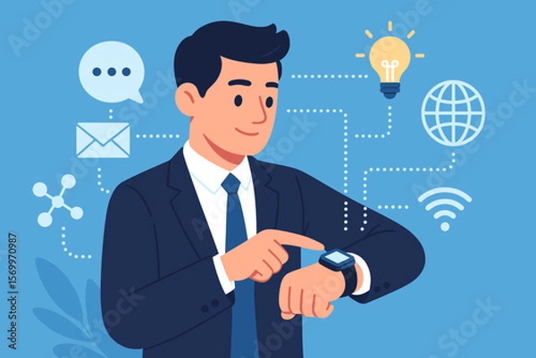 Fototapeta Businessman using smart watch app for business communication. Wearable technology. Network connection concept with idea, internet, email icons. IoT innovation. Flat cartoon vector.