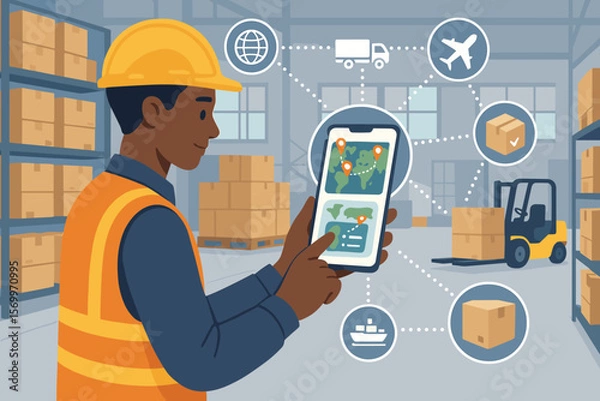 Fototapeta Warehouse worker using smartphone app for global logistics tracking, inventory management, supply chain distribution, shipping, freight transport, order processing, warehouse automation