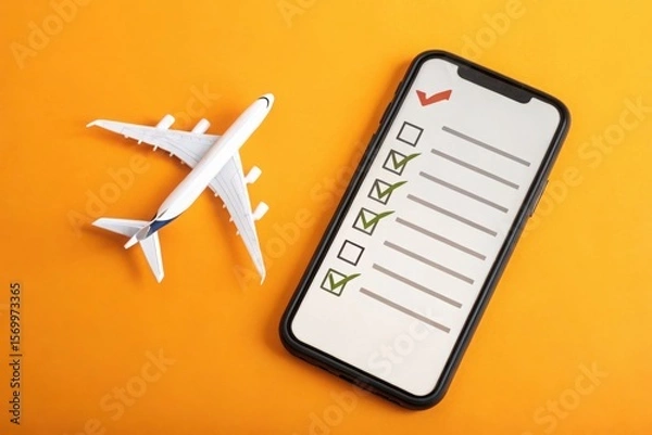 Fototapeta Airplane model and smartphone displaying a checklist with completed tasks on an orange background