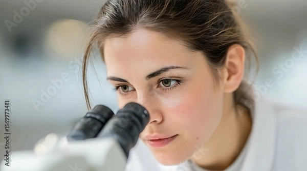 Fototapeta Scientist examining petri dish under microscope in laboratory, female bioengineer looking at DNA